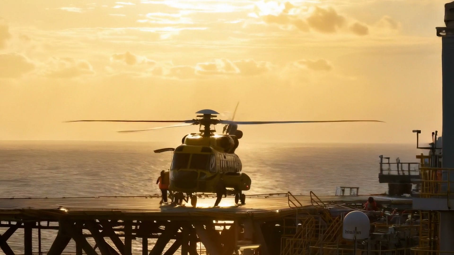Offshore helipad at golden hour